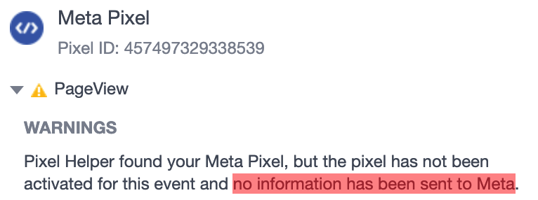 Pixel helper w consent mode: Meta, Facebook Ads, pokazuje, że do Meta nie została wysłana żadna informacja. 